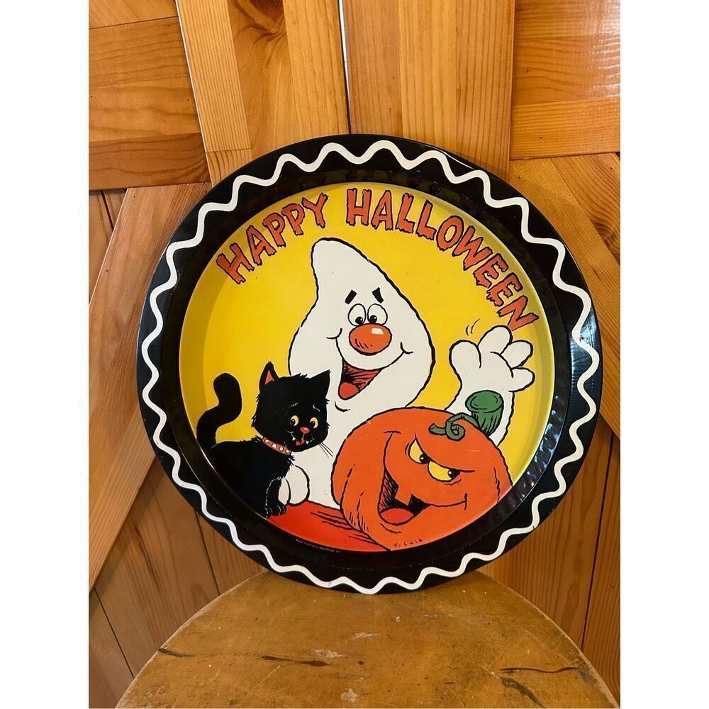 Halloween Serving Tin Metal Tray Ghost Jack O Lantern Black Cat 12” and 1" deep